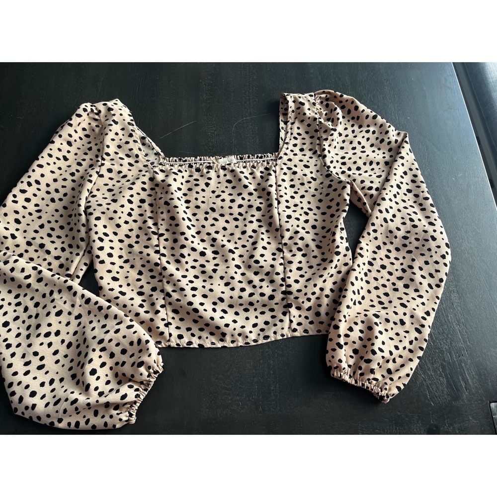 Tan Black Dalmation Spot Print Square Neck Smocked Crop Top Long Sleeve‎ Large - Picture 4 of 6